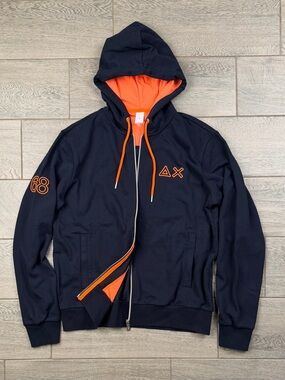 SUN68 Italy Men's Navy Blue Full Zip Hoodie Orange Lining Logo Size L NWOT